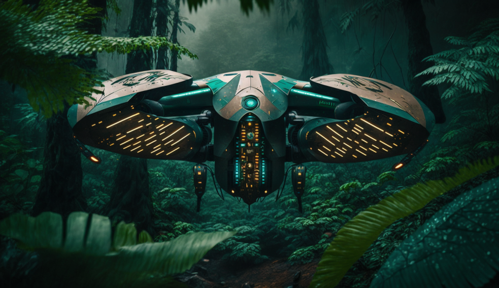 Edible Drone, dark green and yellow tones. Huge Drone on eyesight in the djungle. Symbolic image - Future Tech. CGI by Bastian Peter for article: How Edible Drones are Set to Change the Way We Think About Food and Technology