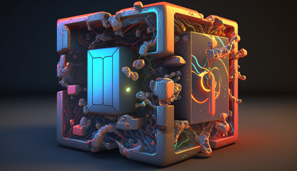 Visual representation of Distributed Ledger Technology. CGI Artist: Bastian Peter. Image shows a cube in all kinds of warm colors. We see wiring, devices and tech-boxes. Symbolic image for article about Distributed Ledger Technology.