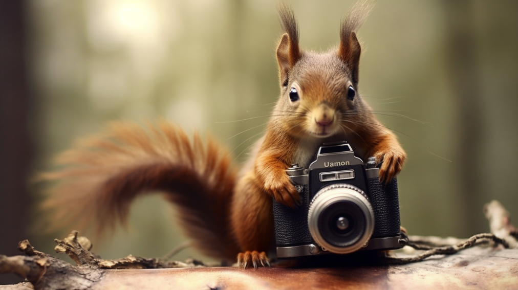 Ein Eichhörnchen hält eine Kamera. CG Image von Bastian Peter. Symbolbild für Artikel über Eichhörnchen fotografieren.