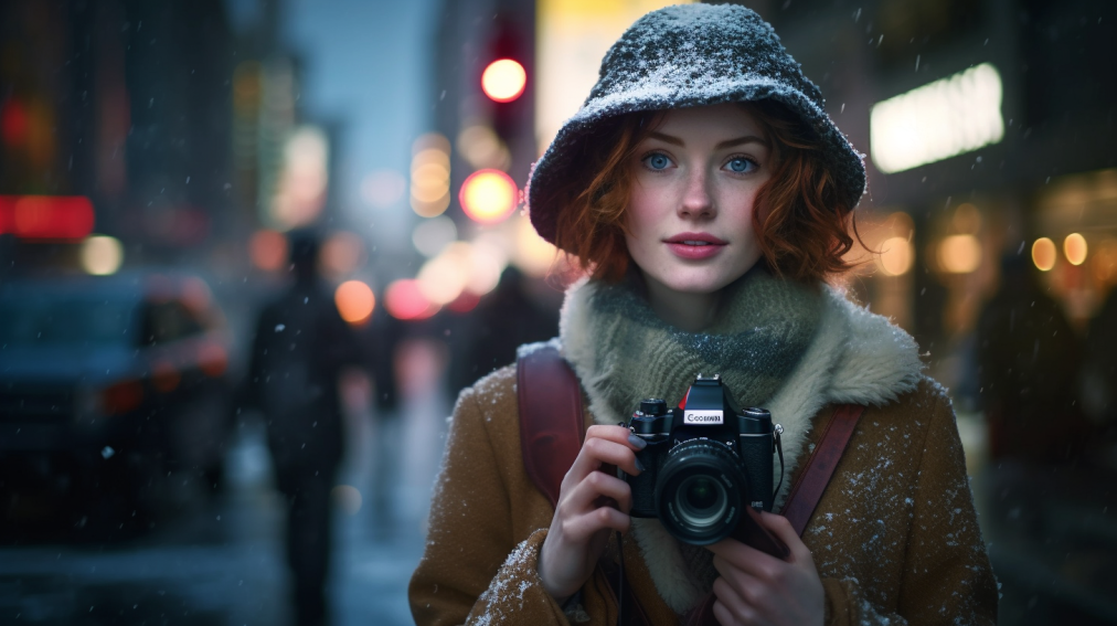CG Bild einer Frau mit roten Haaren, Schal und Mütze, die mit einer Kamera in der Hand in die Kamera lächelt. Symbolbild für Artikel um Schweizer Street-Fotografie.