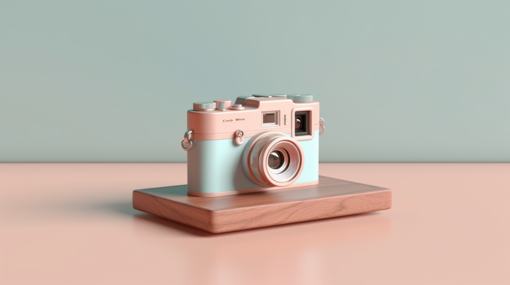 Eine Kamera auf einer Holzunterlage, welche auf einem Tisch liegt. Pastell-Farben. Symbolbild für umfassenden Artikel über Fotografie Techniken.