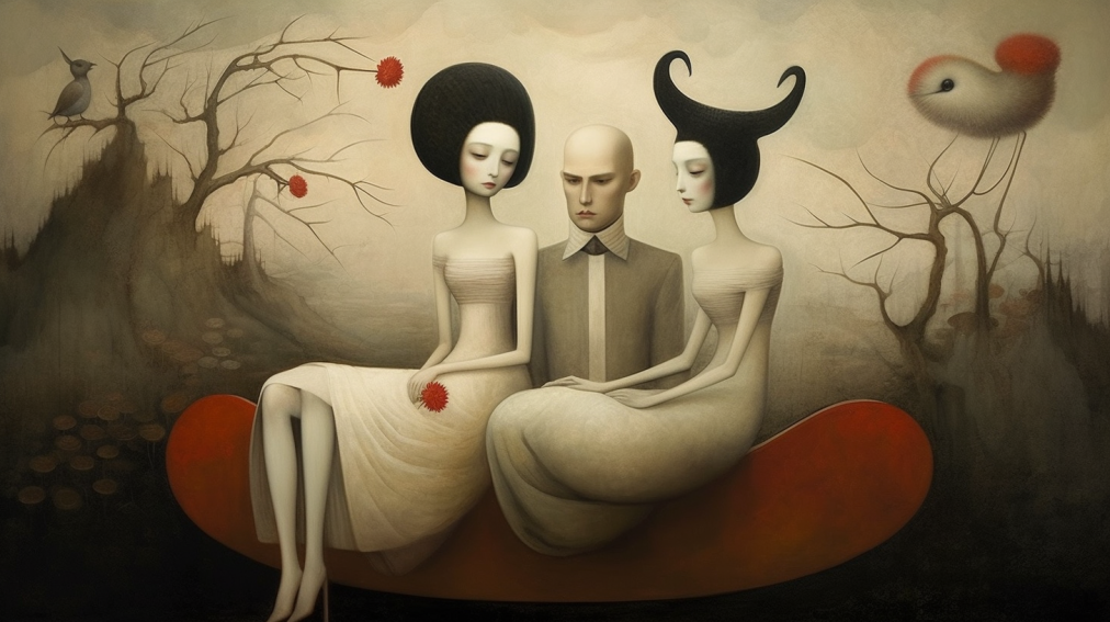 CG Image von Bastian Peter im Stil eines Gemäldes. Mensch mit Glatze sitzt zwischen zwei anderen Menschen. Symbolisch für Artikel über offene Beziehungen und Polyamour in der Schweiz.