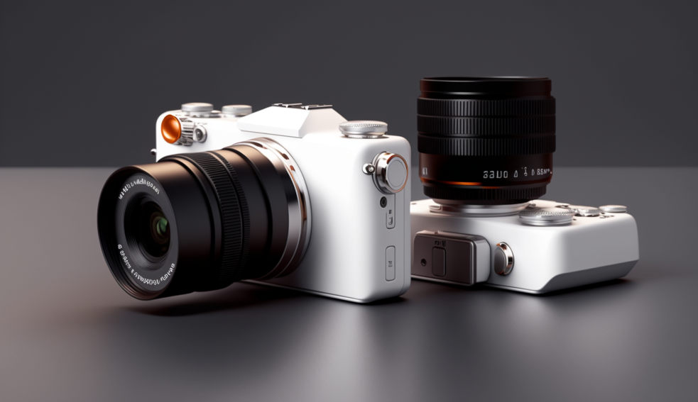 Two minimalistic modern cameras with white bodies and black lenses, are staged on a glossy ground. Symbolic CGI Image for Article: What is a Shutter Count and Why is it Important for Photographers?
