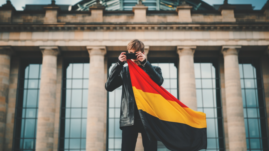 Ein Street Fotograf in Berlin, eine Deutschland (Germany) Flagge haltend. Er macht Street Photography. Symbolbild (CGI by Bastian Peter) für Artikel "Ist Street Fotografie in Deutschland legal?"