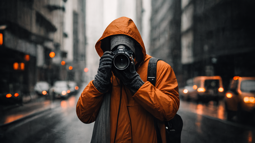 Street Fotograf in oranger Jacke, steht auf der Strasse einer Grossstadt und fotografiert. CGI Bild von Bastian Peter. Symbolbild für Artikel "Die faszinierende Reise der Street Fotografen"