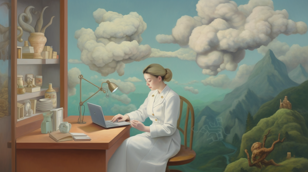 Telemedizin dargestellt wie ein klassisches Gemälde, Ärztin arbeitet an Laptop über den Wolken. Surreal. CGI von Bastian Peter für Artikel über Telemedizin.