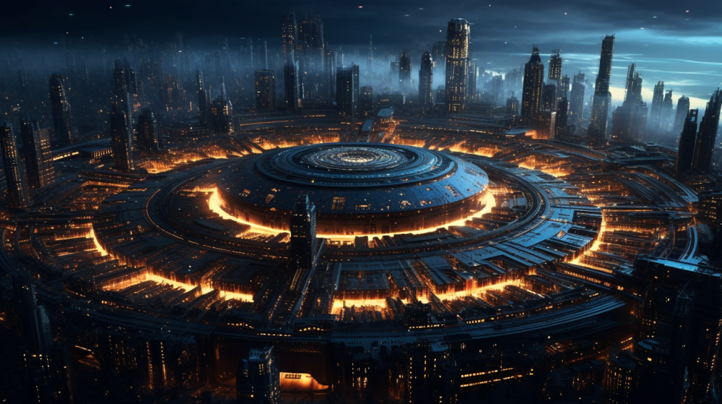 Quantencomputer. Blau und Gelb Töne. Ein runder Kreis, sieht aus wie ein Ufo, integriert in eine Stadt der Zukunft. CGI, Symbolisch für Artikel über Quantencomputer.