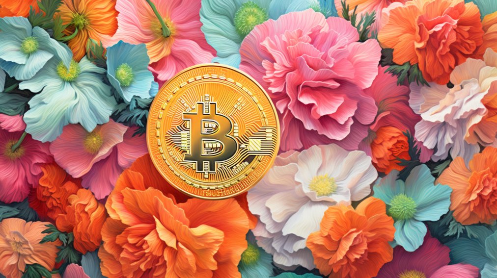 Ganz viele Blumen in Pastell-Farben und ein Bitcoin. Symbolbild zu Artikel "Warum Hippies Bitcoin lieben würden"